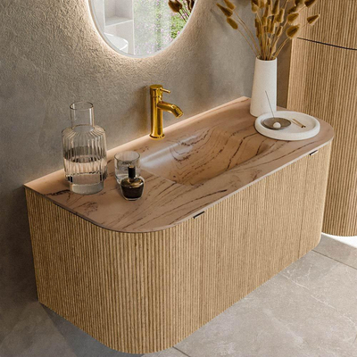 MONDIAZ KURVE-DLUX Meuble de salle de bains 100cm arrondi Gauche + Droite couleur Chêne avec 1 tiroir et 2 portes. Lavabo GRUNNE Central 1 trou de robinet Arena.