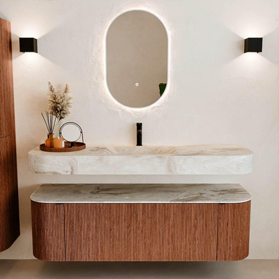 MONDIAZ THOR-DLUX 150cm meuble de salle de bains arrondi gauche + droite couleur Ruby avec 1 tiroir et 2 portes. Vasque suspendue CLOUD Milieu 1 trou de robinet couleur Frappe.