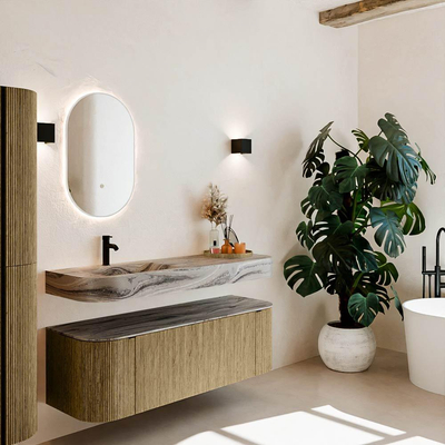 MONDIAZ THOR-DLUX 140cm meuble de salle de bains arrondi gauche + droite couleur Dusk avec 1 tiroir et 2 portes. Vasque suspendue CLOUD Gauche 1 trou de robinet couleur Sombra.