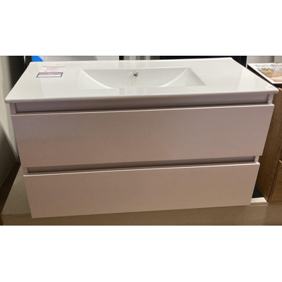 Saniclass Chaci Badkameronderkast - 100cm - 2 lades - greeploos - mat wit - incl. keramische wastel wit 0 kraangaten - OUTLET UDEN