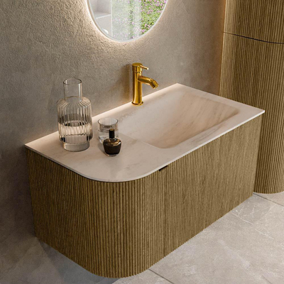 MONDIAZ KURVE-DLUX Meuble de salle de bains 85 cm arrondi à gauche couleur Dusk avec 1 tiroir et 1 porte. Lavabo CLOUD à droite 1 trou de robinet Meli.