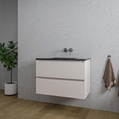 Saniclass Chaci Ensemble meuble de salle de bains - 80x46x55cm - lavabo céramique noir - 1 vasque - sans trou de robinet - 2 tiroirs - cotton mat (beige)
