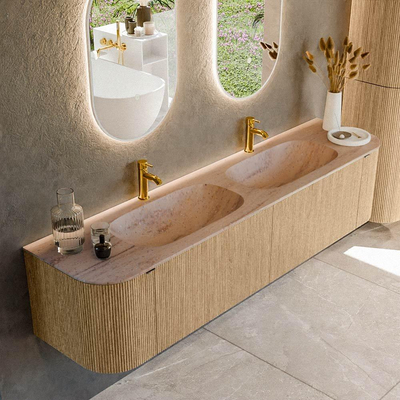 MONDIAZ KURVE-DLUX 190cm meuble de salle de bains arrondi Gauche + Droite couleur Chêne avec 2 tiroirs et 2 portes. Lavabo STOR SMALL Double 2 trous de robinet Saba.