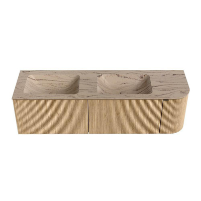 MONDIAZ KURVE-DLUX 155cm badmeubel ronding Rechts kleur Oak met 2 lades en 1 deur. Wastafel LEAF Dubbel / Links 2 kraangaten Arena.