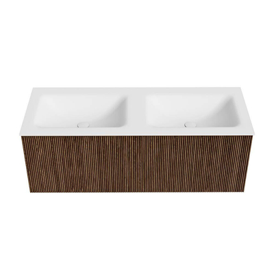 MONDIAZ KURVE 120cm Meuble salle de bain - couleur Walnut - 1 tiroir - vasque CLOUD double - sans trous de robinet - Talc