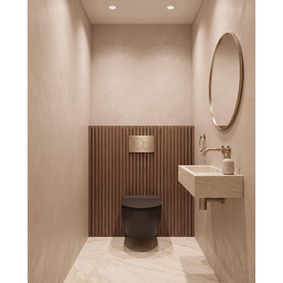 QeramiQ Dely Toiletset - 36.3x51.7cm - diepspoel - rimless - Geberit UP320 inbouwreservoir - met Burda frame - softclose toiletzitting - geborsteld messing bedieningsplaat - ronde knoppen - mat zwart