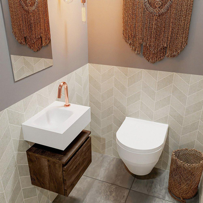 MONDIAZ ANDOR Toiletmeubel 40x30x30cm met 1 kraangaten 1 lades dark brown mat Wastafel Lex links Solid Surface Wit
