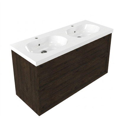 Saniclass Holz Frame Ensemble meuble de salle de bains - 120x45x63.5cm - lavabo en céramique Palermo blanc - 2 vasques - 2 trous de robinetterie - 2 tiroirs - chêne charcoal mat (bois)