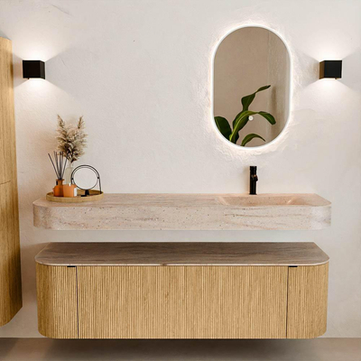 MONDIAZ THOR-DLUX 160cm badmeubel ronding links + rechts kleur Oak met 1 lade en 2 deuren. Vrijhangende wastafel CLOUD Rechts 1 kraangat kleur Saba.