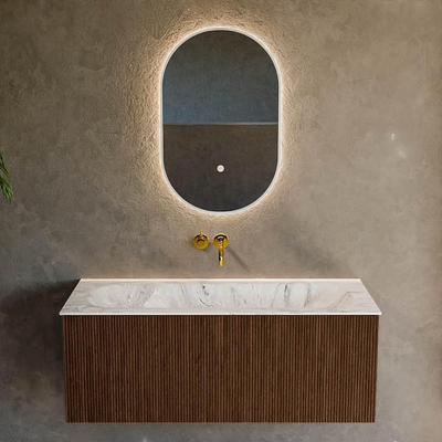 MONDIAZ KURVE-DLUX Meuble de salle de bains 110 cm couleur Walnut avec 1 tiroir. Lavabo BIG MEDIUM centré sans trou de robinet couleur Glace.