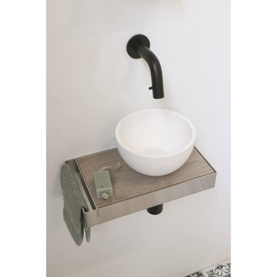 Ink Jazz XS lave-mains – rond – 36 x 20 cm – polystone blanc mat – sans robinet – cadre inox avec tablette en chêne