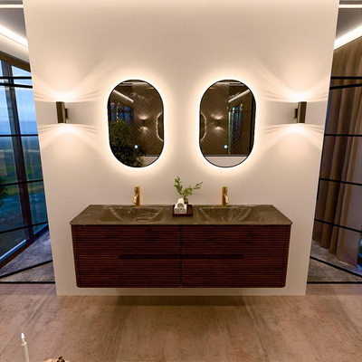 Mondiaz CIRO-DLUX Meuble de salle de bains - 160x45x50cm - Lavabo solid surface Lava - 2 vasques double - 2 trous de robinet - 4 tiroirs - Ruby