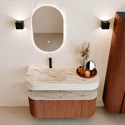 MONDIAZ THOR-DLUX Meuble de salle de bains 110cm arrondi gauche + droite couleur Ruby avec 1 tiroir et 2 portes. Vasque suspendue CLOUD Gauche 1 trou de robinet couleur Nata.