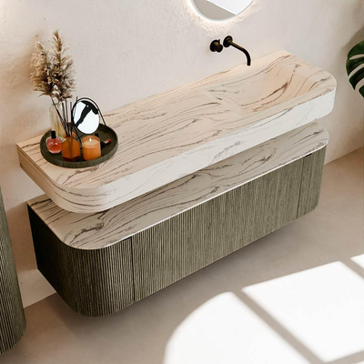 MONDIAZ THOR-DLUX 150cm meuble de salle de bains arrondi gauche + droite couleur Shadow avec 1 tiroir et 2 portes. Vasque suspendue CLOUD Droite sans trou de robinet couleur Nata.