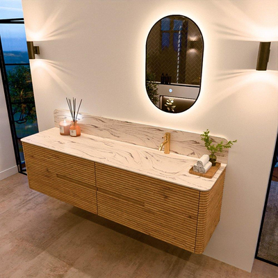 Mondiaz CIRO-DLUX Badkamermeubelset - 180x45x50cm - Solid surface wastafel Nata - 1 wasbak Rechts - 1 kraangat - 4 lades - Oak