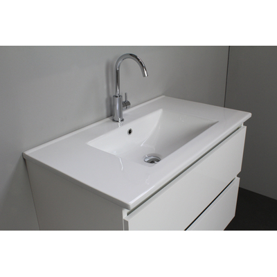Basic Bella Meuble salle de bains avec lavabo céramique Blanc 80x55x46cm 1 trou de robinet avec miroir et éclairage Blanc brillant