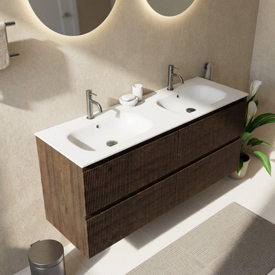 Saniclass Holz Atelier Ensemble meuble de salle de bains - 140x45x61.5cm - lavabo Flow en solid surface blanc - 2 vasques - 2 trous de robinetterie - 4 tiroirs - chêne charcoal mat (bois)