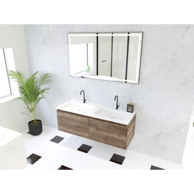HR badmeubelen Matrix 3D Ensemble meuble de salle de bains 120cm 2 tiroirs sans poignées avec profil de prise en couleur Charleston avec lavabo thin double 2 trous de robinet blanc mat