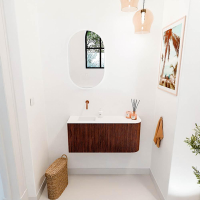 Mondiaz JOYA 91.6cm toiletmeubel - ronding rechts kleur Ruby - Wastafel FAYE positie Links Zonder kraangat kleur Talc.