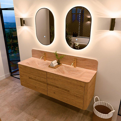 Mondiaz CIRO-DLUX Badkamermeubelset - 150x45x50cm - Solid surface wastafel Saba - 2 wasbak Dubbel - 2 kraangaten - 4 lades - Oak