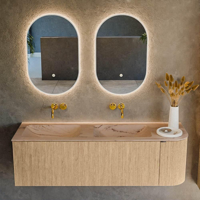MONDIAZ KURVE-DLUX Meuble de salle de bains 145cm arrondi à droite couleur Chêne avec 1 tiroir et 1 porte. Lavabo LEAF Double / Gauche sans trou de robinet Arena.