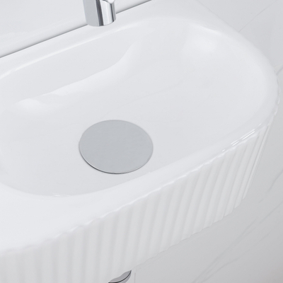 QeramiQ Fuente Ensemble de Lavabo - 40x21.5x12cm - strié - demi-rond - céramique - ensemble de robinet chrome - bouchon de vidange - siphon réduit - blanc brillant