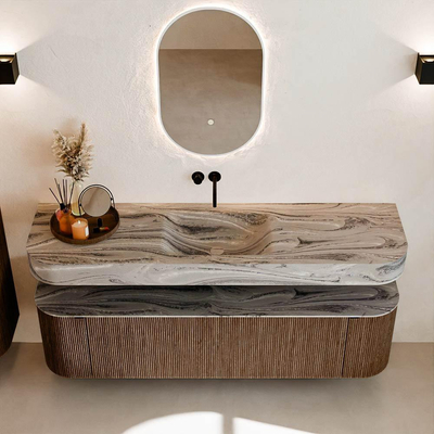 MONDIAZ THOR-DLUX 170cm badmeubel ronding links + rechts kleur Walnut met 1 lade en 2 deuren. Vrijhangende wastafel CLOUD Midden zonder kraangat kleur Sombra.