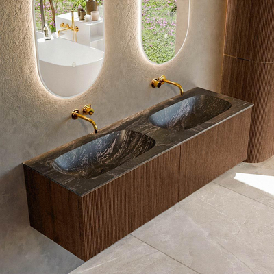 MONDIAZ KURVE-DLUX 150cm badmeubel kleur Walnut met 2 lades. Wastafel STOR SMALL dubbel zonder kraangat kleur Lava.