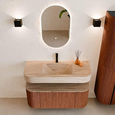 MONDIAZ THOR-DLUX 110cm meuble de salle de bains arrondi gauche + droite couleur Ruby avec 1 tiroir et 2 portes. Vasque suspendue CLOUD Milieu 1 trou de robinet couleur Saba.