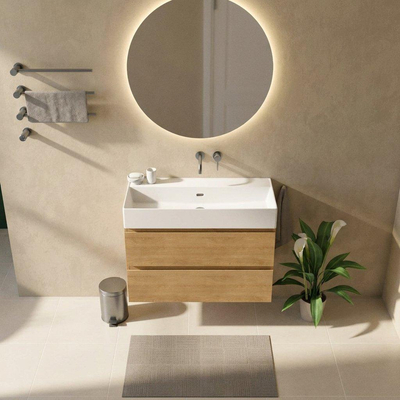 Saniclass Holz Pure Badkamermeubelset - 100x45x72cm - Legend keramische wastafel mat wit - 1 wasbak - zonder kraangat - 2 lades - mat eiken natural (hout)