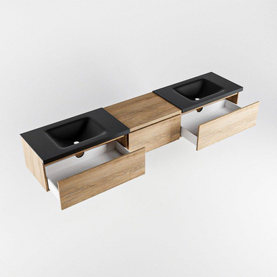 MONDIAZ BUKLA 220cm badmeubel met module 60 kleur Washed Oak met 3 lades. Wastafel CLOUD dubbel 2 kraangaten kleur Urban.