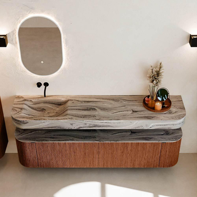 MONDIAZ THOR-DLUX Meuble de salle de bains - 190cm - arrondi gauche + droite - couleur Ruby - 2 tiroirs et 2 portes - Vasque suspendue CLOUD Gauche sans trou de robinet - couleur Sombra