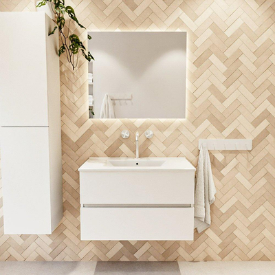 MONDIAZ VICA meuble sous lavabo 80cm Talc 2 tiroirs. Lavabo DENIA centre 1 trou de robinet, couleur Blanc Brillant.