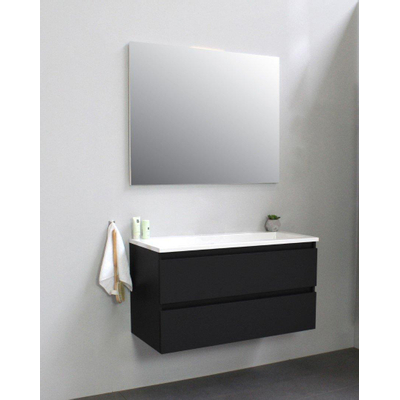 Basic Bella Meuble lavabo acrylique noir avec sans trous de robinet avec miroir 100x55x46cm Flat Pack Noir mat