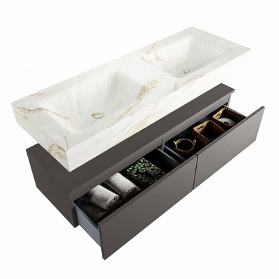 Mondiaz ALAN-DLUX Ensemble de meuble - 130cm - meuble Dark grey mat - 2 tiroirs - Lavabo Cloud Frappe suspendu - vasque Gauche et droite - 2 trous de robinet
