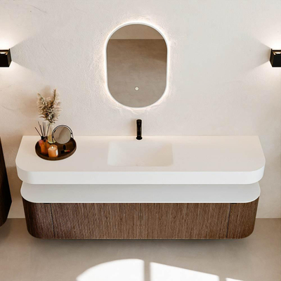 MONDIAZ THOR Meuble de salle de bains 190cm arrondi gauche + droite couleur Walnut avec 2 tiroirs et 2 portes. Vasque suspendue CLOUD Milieu 1 trou de robinet couleur Talc.