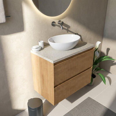 Saniclass Holz Atelier Ensemble meuble de salle de bains - 80x45x63cm - Plan de travail en pierre naturelle travertin - sans trou de robinetterie - 2 tiroirs - chêne natural mat (bois)