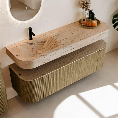 MONDIAZ THOR-DLUX 150cm meuble de salle de bains arrondi gauche + droite couleur Dusk avec 1 tiroir et 2 portes. Vasque suspendue CLOUD Gauche 1 trou de robinet couleur Arena.