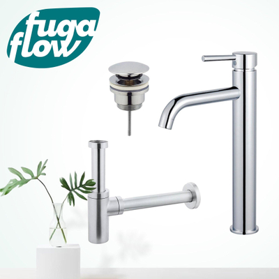 FugaFlow Eccelente Sobrado Kit mitigeur lavabo - robinet rehaussé - bonde clic clac - siphon design - Chrome brillant