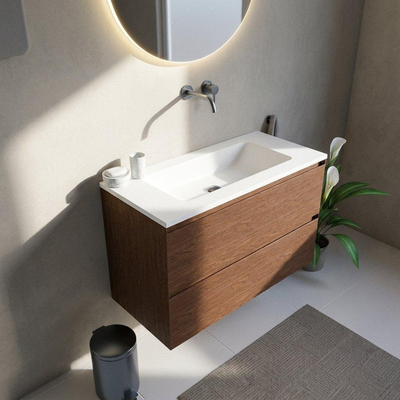 Saniclass Holz Pure Ensemble de meubles de salle de bains - 100x45x77.5cm - lavabo Torino en solid surface blanc - sans trou de robinet - 2 tiroirs - noyer pure mat (bois)