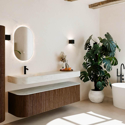 MONDIAZ THOR-DLUX 170cm meuble de salle de bains arrondi gauche + droite couleur Walnut avec 1 tiroir et 2 portes. Vasque suspendue CLOUD Gauche 1 trou de robinet couleur Opalo.