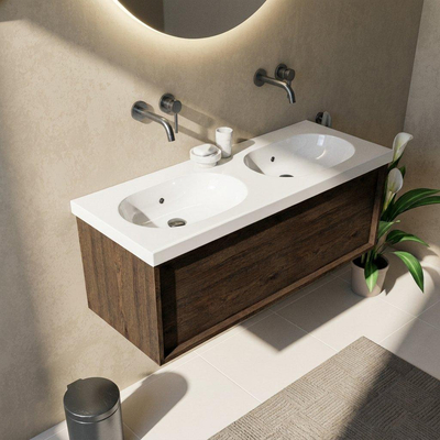 Saniclass Holz Frame Ensemble meuble de salle de bains - 120x45x43.5cm - lavabo Palermo en céramique blanc - 2 vasques - sans trous de robinetterie - 1 tiroir - chêne charcoal mat (bois)