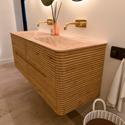 Mondiaz CIRO-DLUX Badkamermeubelset - 130x45x50cm - Solid surface wastafel Saba - 2 wasbak Dubbel - zonder kraangaten - 4 lades - Oak