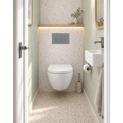 Pack WC QeramiQ Dely Swirl Compact - réservoir encastrable Geberit UP320 - avec bâti-support Burda - abattant 25 mm - plaque de commande en plastique gris clair - boutons rectangulaires - blanc brillant