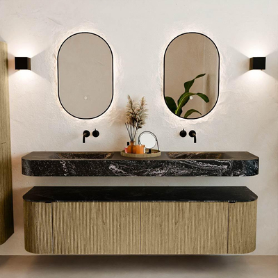 MONDIAZ THOR-DLUX 180cm meuble de salle de bains arrondi gauche + droite couleur Dusk avec 2 tiroirs et 2 portes. Vasque suspendue CLOUD Double sans trou de robinet couleur Lava.