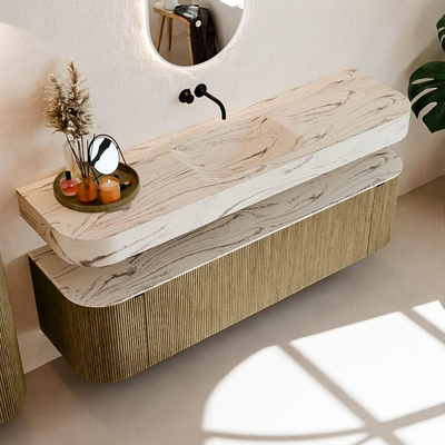 MONDIAZ THOR-DLUX 170cm meuble de salle de bains arrondi gauche + droite couleur Dusk avec 1 tiroir et 2 portes. Vasque suspendue CLOUD Milieu sans trou de robinet couleur Nata.