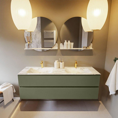 Mondiaz VICA-DLUX ensemble de meuble de salle de bain - 150cm - meuble sous-vasque armée - 2 tiroirs - lavabo encastré nuage double - 2 trous de robinet - version haute de 60cm - glace