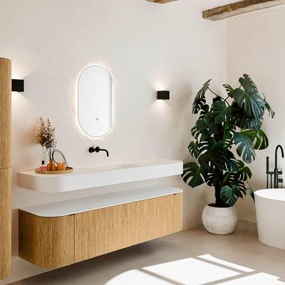 MONDIAZ THOR Meuble de salle de bains - 170cm - arrondi gauche + droite - couleur Oak - 1 tiroir - 2 portes - Vasque suspendue CLOUD Milieu sans trou de robinet - couleur Talc