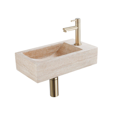 FugaFlow Efficiente Pietra Fonteinset - 40x22x10cm - kraangat rechts - fonteinkraan geborsteld messing PVD - afvoerplug - verlaagd sifon - gemeleerd natuursteen