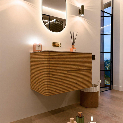 Mondiaz CIRO-DLUX Meuble de salle de bains - 80x45x50cm - Plan vasque solid surface Glace - 1 lavabo au milieu - sans trous de robinetterie - 2 tiroirs - Chêne